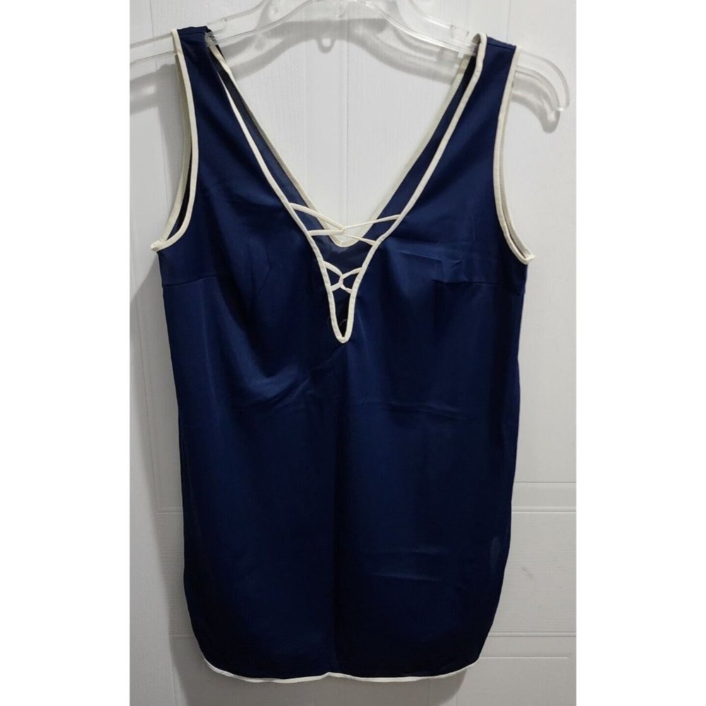 Vintage Formfit Rogers Women's Camisole Criss Cross Neck Blue/White Trim Sz 8-10